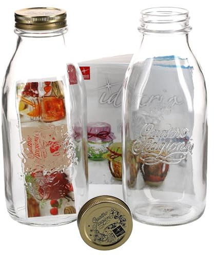 Bormioli Quattro Stagioni - Set da 2 vasetti in vetro per conserva con chiusura a leva, capacità: 1 litro, libro di ricette Bormioli incluso