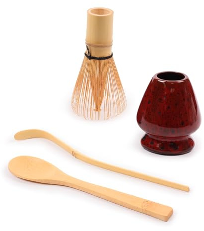 BambooMN Brand - Matcha Green Tea Whisk Set - Whisk + Scoop + Tea Spoon + Deep Red w/Black Whisk Holder