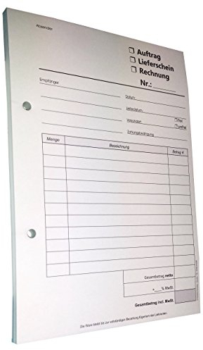 1x Kombiformular-Auftrag - Lieferschein - Rechnung DIN A5, 2-fach selbstdurchschreibend,2x50 Blatt weiß/grün - gelocht (22433)