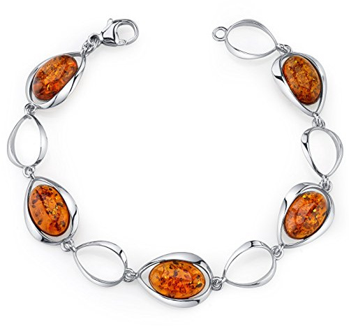 PEORA Genuine Baltic Amber Bracelet for Women 925 Sterling Silver, Rich Cognac Color, Floating Oval Shape 5 pieces, 7 1/2 inches Length, Real Baltic Amber Bracelet for Adults,