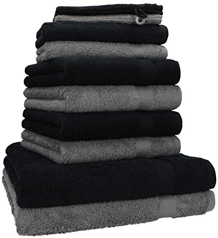 Betz Premium Handtuch-Set 10-teilig – 100% Baumwolle – Oeko-TEX® Zertifiziert – saugfähig&weich – 470g/m² – Duschtücher, Handtücher, Gästetücher & Waschhandschuhe – Farbe Anthrazit & Schwarz