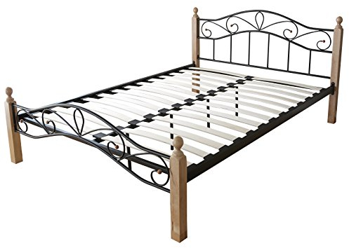 Homestyle4u 1345, Metallbett 160x200 mit Lattenrost Natur Schwarz Bettrahmen Bettgestell Holz Metall