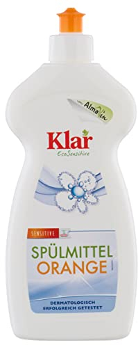 Klar Spülmittel 500 ml I Umweltfreundliches Spülmittel-Konzentrat mit zartem Orangen-Duft I Für ein strahlend sauberes Geschirr I Frei von synthetischen Duft- & Farbstoffen I Vegan