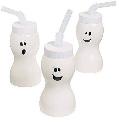 Fun Express Set of 12 Pieces Ghost Shape Cups with Straw for Halloween, Holds 8 oz, BPA Free Plastic, Kids Party Supplies, White
