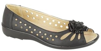 Ladies Black Punched Open Toe Flower Casual Shoe - Black - size UK Ladies Size 5