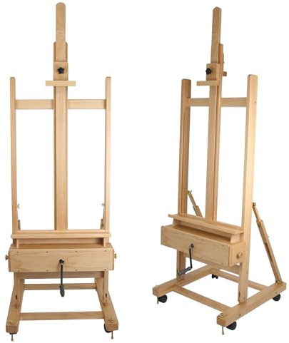 Paintersisters Atelier-Staffelei mit Kurbel, Buchenholz FSC® – Studiostaffelei bis 210 cm, höhenverstellbar 50-120 cm, für Keilrahmen bis 40 kg, Profi-Staffelei für Künstler & Ateliers