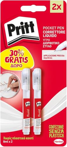 Pritt Pocket Pen, Bianchetto a Penna ad Asciugatura Rapida, Bianchetto Liquido con Punta Fine in Metallo, Cancellino ad Alto Potere Coprente per Scuola e Ufficio, 2 Confezioni da 8 ml