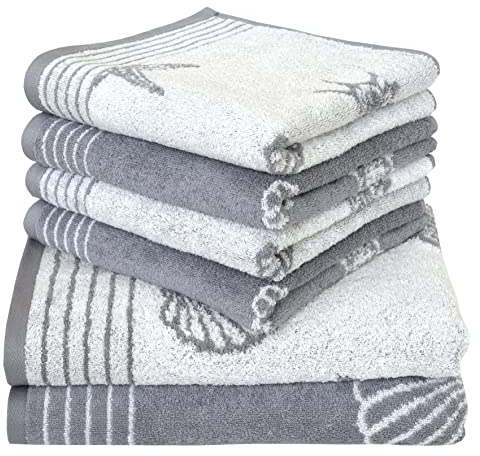 Dyckhoff Seashell Frottier Set, Baumwolle, grau, 2X Duschtuch 70x140 cm 4X Handtuch 50x100 cm