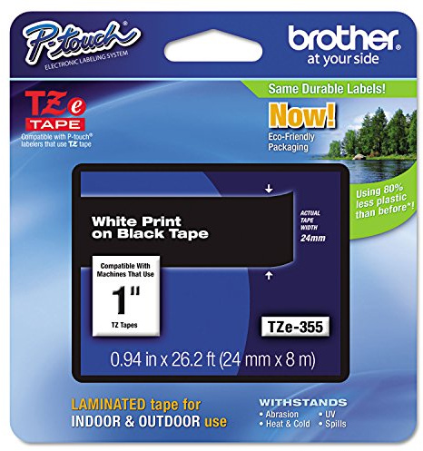 Brother Original P-touch TZE-355 Klebeband, 2,4 cm breit, Standard laminiertes Klebeband, weiß auf schwarz, laminiert für den Innen- und Außenbereich, wasserfest, 24 mm x 8 m, Einzelpack, TZE355