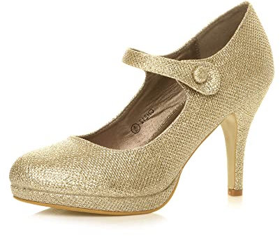 Womens Ladies mid high Heel Mary Jane Strap Evening Court Shoes Pumps, 6 UK, Gold Mesh Glitter