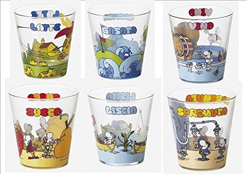 Mordillo - set n. 6 bicchieri vetro acqua decori assortiti cl 27