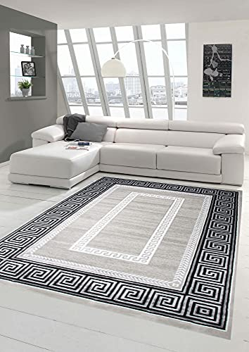 Designer Teppich Moderner Teppich Wohnzimmer Teppich mit Ornament Bordüre Grau Cream Schwarz Größe 200 x 290 cm
