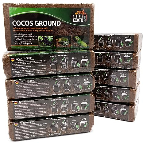 Cocos Ground - Kokoshumus für Terrarien - ca. 90 Liter lockerer Humus - Einstreu für Amphibien, Reptilien und Wirbellose - Humusziegel Bodengrund - gepresste Blumenerde aus Kokosfaserhumus (10x 650g)