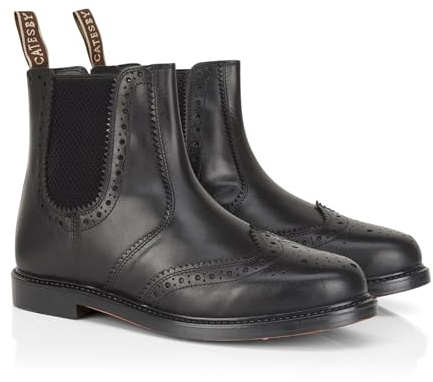 Catesby Men’s Boston Leather Brogue Chelsea Boots | Wingtip Ankle Boots with Elastic Gusset | Smart Casual Slip-On Footwear -Black