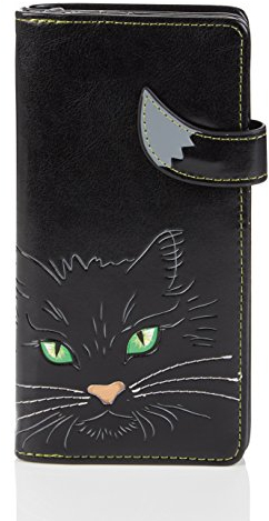 Shag Wear Junge-Damen Geldbörse, Large Purse Designs Katzengesicht grüne Augen Schwarz Cat’s Face Green Eyes