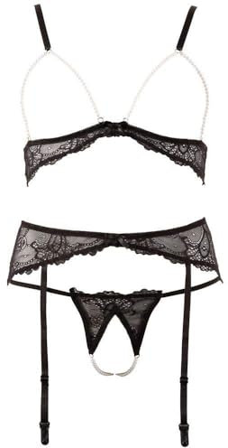 Abierta Fina BH Set Perlen - erotisches 3-teiliges Strapsset für sie, Dessous-Set, BH, ouvert String und Strapsgürtel, Verführung des Partners, schwarz