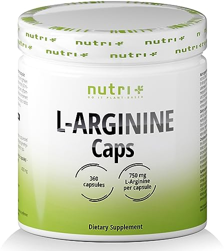 Nutri + L-Arginin Base Kapseln vegan hochdosiert fermentiert laborgeprüft - 360 Caps - 6000 mg 100% reines pflanzliches L-Arginine für Männer & Frauen
