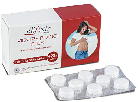 E'LIFEXIR Vientre Plano Plus - Comprimidos Masticables para Favorecer el Tránsito Intestinal, Favorece la Microflora, Con Fructooligosacáridos y Xilitol, 32 Cápsulas