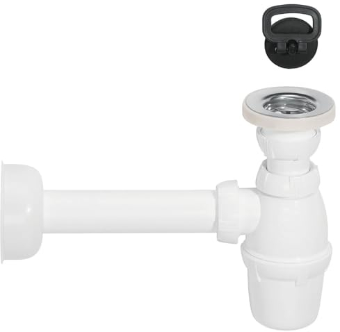 Schläfer | 4396111 – Siphon pour évier avec bonde de vidange en acier inoxydable pour lavabo 1 1/4, écoulement universel pour évier plastique, raccord mural, Ø 32 mm, siphon pour bouteilles blanches