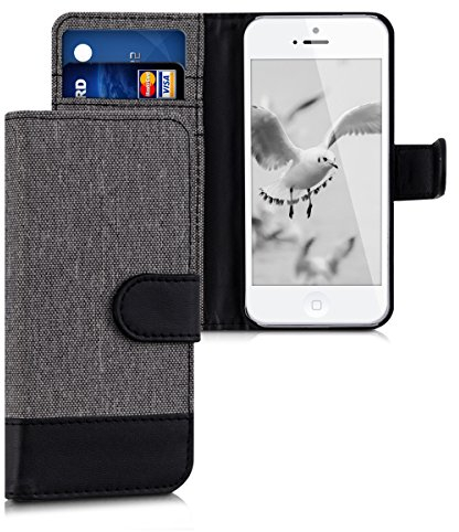 kwmobile Wallet Case kompatibel mit Apple iPhone SE (1.Gen 2016) / iPhone 5 / iPhone 5S - Hülle mit Ständer - Handyhülle Kartenfächer Grau Schwarz