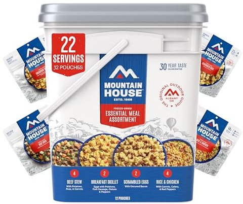 Mountain House Essential Meal Assortment Bucket | Freeze Dried Backpacking & Camping Food | 22 Servings | Gluten-Free