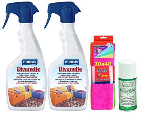 NUNCAS DIVANETTE DETERGENTE PER TAPPETI E RIVESTIMENTI IN TESSUTI, 2 CONFEZIONI DA 500 ML + pacco 5 pezzi panni microfibra 30x40cm insieme deodorante salva tessuti profumato 150ml