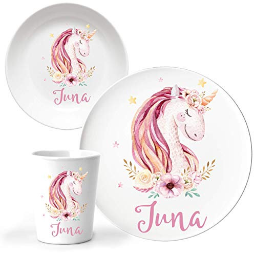JUNALOO 3-teiliges Kindergeschirr Set mit Namen Taufgeschenk für Mädchen Personalisiert aus Melamin - Einhörner Kinderteller Einhorn Teller Geschenk zur Geburt