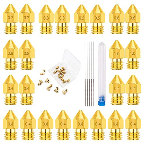 MMOBIEL 24 Stück 0.2/0.3/0.4/0.5/0.6/0.8/1.0mm Messing MK8 3D Drucker Düsen Nozzle Extruder kompatibel mit Creality Ender 3 Series, Ender 5 Series, CR-10/10S, Makerbot inkl. 3 Reinigungsnadeln