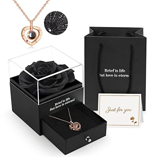 Rosa Stabilizzata Vera, Con Collana I Love You, Regalo Fatto a Mano Con Vera Rosa Eterna Per la Sua Donna,Moglie,Fidanzata,Madre,Per Compleanno,Anniversario,San Valentino,Festa Della Mamma,Natale