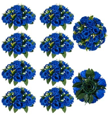 BLOSMON Flower Centerpieces for Tables Wedding 10 Pcs Fake Flowers Rose Arrangement Bouquet Floral Centerpiece Balls Royal Blue Artificial Wedding Center Pieces of Valentines Day Home Party Decor