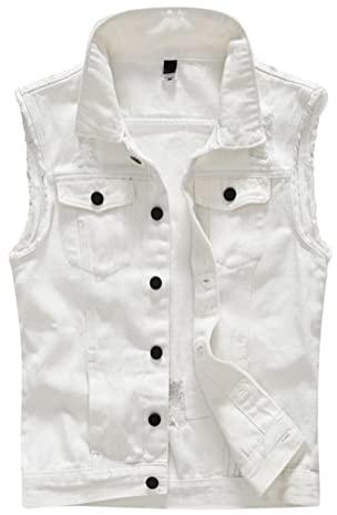 Oanviso Veste Denim Sans Manches pour Homme Gilet en Jean Déchiré Blouson en Jean avec Poches Décontractée Vintage Jean Gilet Veste Punk Style Gilet Denim de Moto Outdoor Jean Gilets H Blanc 3XL