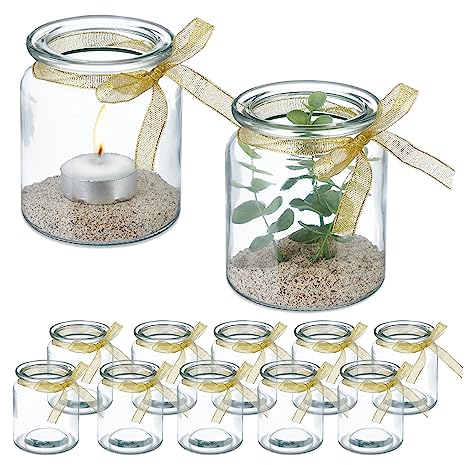 Relaxdays Windlicht, 12er Set, aus Glas, innen & außen, H x D: 9,5 x 8 cm, Teelichthalter mit Schleife, transparent/Gold