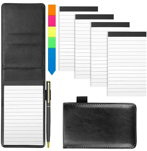SHAIDOJIO Notizbuch Klein A7 Set 7PCS, Mini Notizbuch Halter mit 4PCS Ersatz Notizblöcke Liniert, Notizblock A7 Schwarzer Einband PU Leder, Taschennotizblock mit 1PCS Metall Stift und 1PCS Index Tag