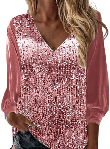 Sequin T-Shirt Dress Long Sleeve V Neck Casual Blouse for Women UK Solid Colour Womens Tunic Top Elegant Loose Plus Size Sparkly Lightweight Soft Pullover Tee Shirt