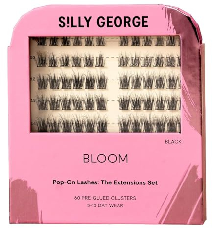 Silly George Pop-On Lashes - DIY 1-Step Pre-Glued Faux Eyelash Clusters, Natural Look Extensions, Black - Bloom, 5-7 Pair Set, Pack of 60 Clusters