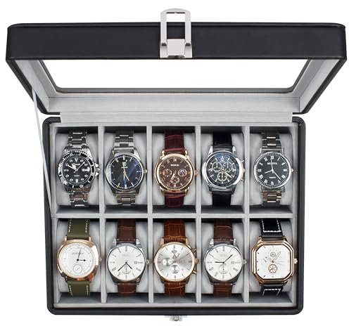 KILHS Watch Box with 10 Slots,Watch Storage Box with Glass Lid,Watch Case with Removable Watch Pillows,Metal Clasp,Gift Idea, Black Synthetic Leather, Grey Lining