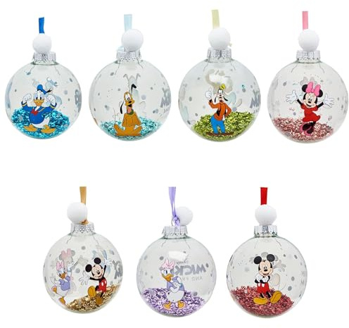 Disney – set med 7 julgranskulor – Musse och vänner – Musse och Mimmi Pigg, Kalle & Tusensköna anka, Långben och Pluto – Officiellt licensierade varor – julprydnad i glas.