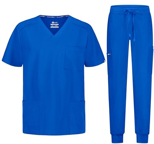 B-well MATTEO Divisa Sanitaria Uomo Elastica | Uniforme Sanitaria Uomo | Set con Casacca e Pantalone Jogger |Divise Sanitarie Uomo con Spandex, blu reale, 4XL