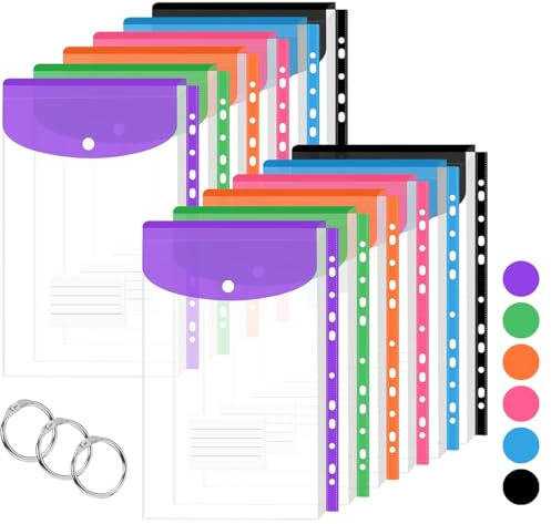 A4 Plastic Wallets, 12 Pack Punched Pockets Expandable Document A4 Folders with Button, Tab Card, 3-Ring Binders Holds 200+ Sheets, for School, Office, Home