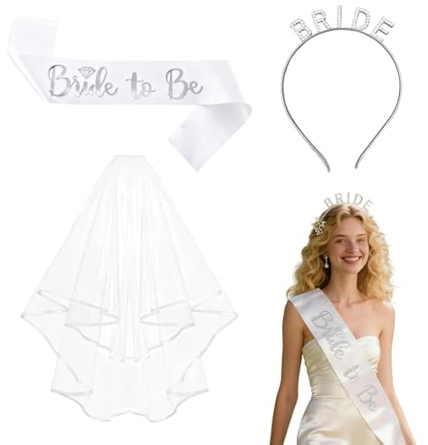 3PCS Bride to Be Kit - Bride Sash, Silver-White Headband, Veil - Hen Party Accessories for Hen Party