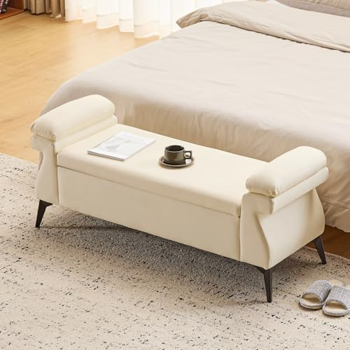 Ckaff Panca Contenitore Camera da Letto 128x44x53cm, Panca Fondo Letto Matrimoniale, Cassapanca Pouf Organizzatore Ottomano in Pelle PU per Camera da Letto Soggiorno Ingresso, Beige