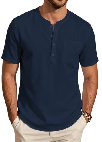 Mens Henley T Shirt Short Sleeve Grandad Shirt Regular Fit Casual Summer Shirts Tops