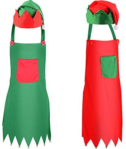 Sunshane 4 Pieces Christmas Elf Kits Include Elf Aprons and Elf Hats for Christmas Party Costume Supplies (Red and Green)