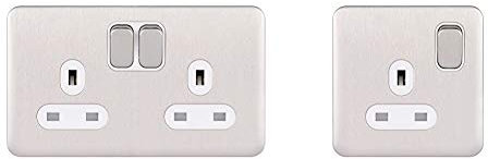 Schneider Electric GGBL3020WSSS Lisse Screwless Deco 2G 13A Sw and 1G 13A Sw Socket WSS, 240 V, Stainless Steel, White Insert