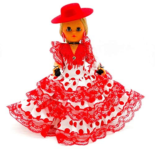 Folk Artesanía Puppe Serenina, Gesundheit, 35 cm, mit Hut Cordobesa, Kollektion Andaluza oder Flamenco, Neu und Original, Weiß / Rot