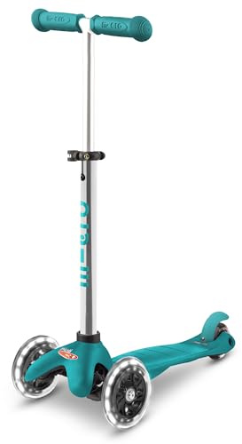 Micro Scooter | Mini Classic Plus LED Kids Scooter | 2 to 5 Years | Boys & Girls | Lean-To-Steer Design | Handlebar Adjustable | Light Up LED Wheels | 50kg Weight Limit | Aqua