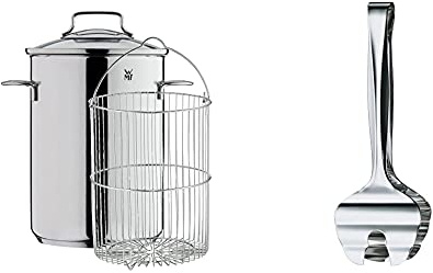 WMF Spargeltopf hoch mit Glasdeckel 16cm, Dampfgarer 5,0l, Cromargan Edelstahl poliert & Spargelzange 16 cm, Cromargan Edelstahl poliert, Servierzange für Spargel, Gemüse, Fisch, spülmaschinengeeignet