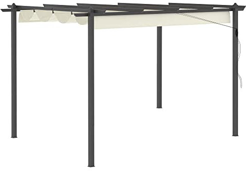 Outsunny 4 x 3(m) Aluminium Outdoor Pergola with Retractable Roof, Outdoor Gazebo Canopy Shelter with Grommet Holes for Patio, Garden, Lawn, Cream White
