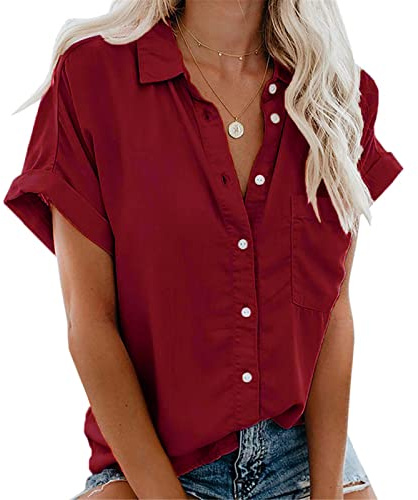 Xnova Chemisier Femme Manches Courtes Col V Chemise T-Shirt Été Couleur Unie Élégant en Mousseline Boutons avec Poche Casual Chic Short-Sleeve Blouse Tops(Vin Rouge, XL)