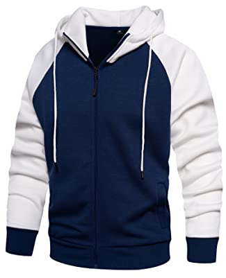 Wirltte Mens Hoodies Zip Up Hoodie Patchwork Fleece Jacket Winter Warm Hooded White S